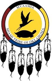 Seal of the Miami Tribe of Oklahoma. In addition to the Sandhill crane and turtle, the flag includes the directional colors of the Myaamia and one eagle feather for each large village community of our community at the time of contact with Europeans.